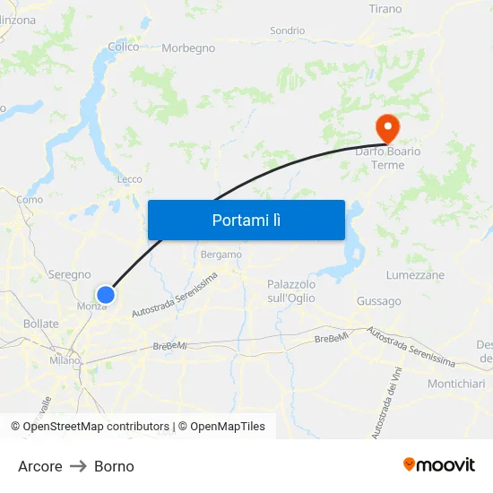 Arcore to Borno map