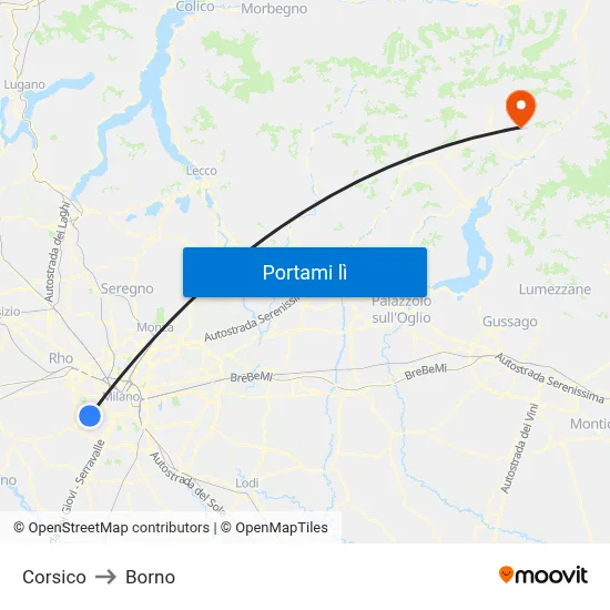 Corsico to Borno map