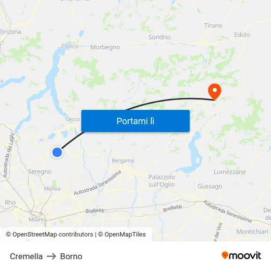 Cremella to Borno map