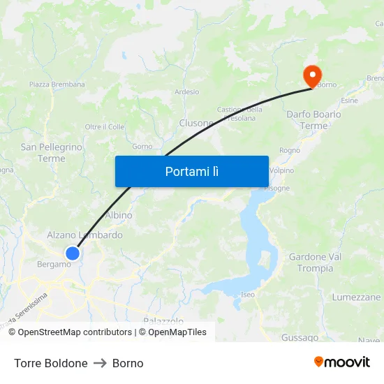 Torre Boldone to Borno map