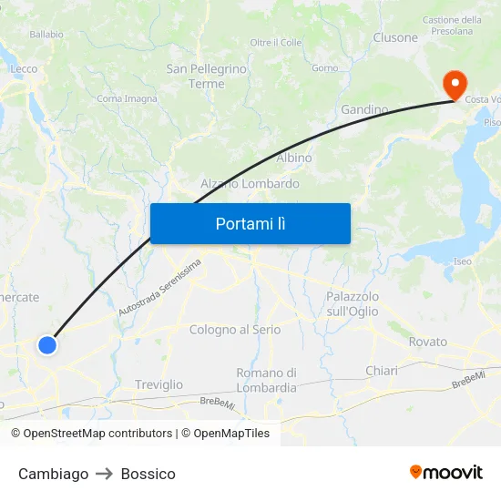 Cambiago to Bossico map