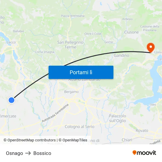 Osnago to Bossico map