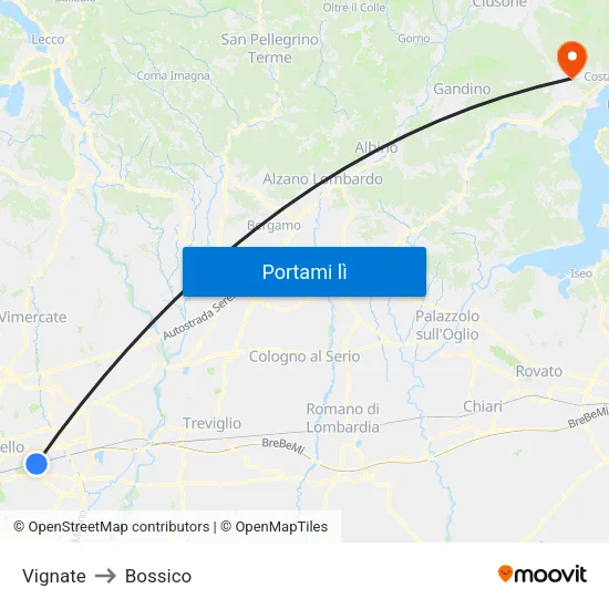 Vignate to Bossico map