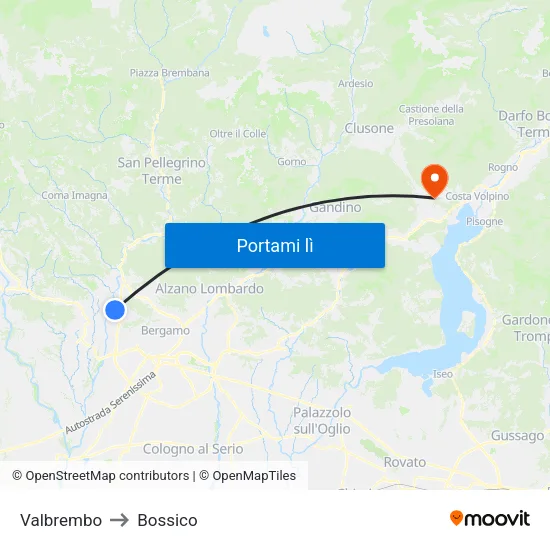 Valbrembo to Bossico map