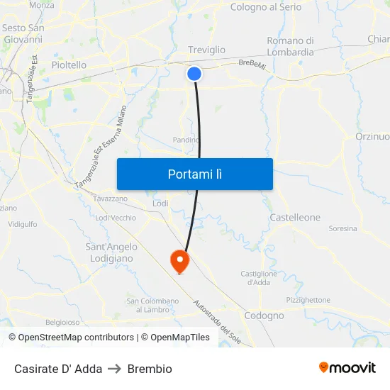 Casirate D' Adda to Brembio map