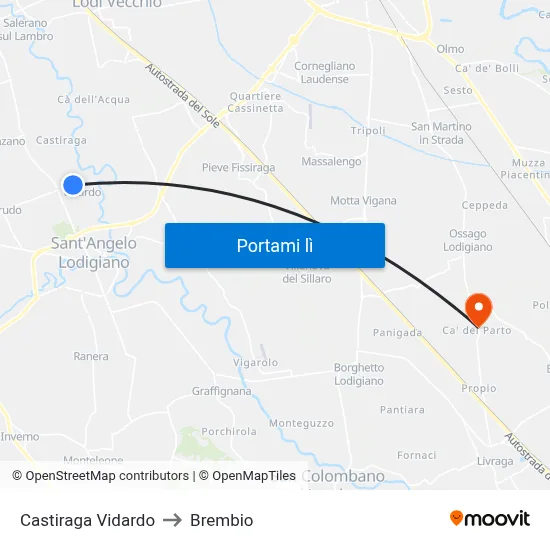 Castiraga Vidardo to Brembio map