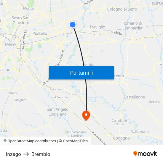 Inzago to Brembio map