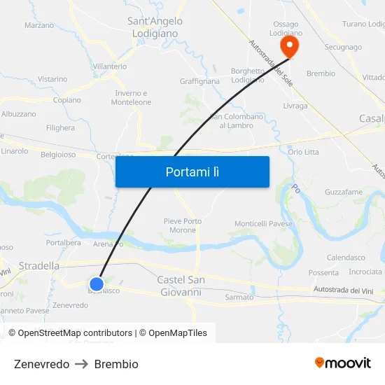 Zenevredo to Brembio map