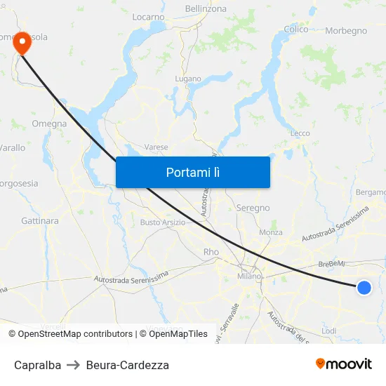 Capralba to Beura-Cardezza map