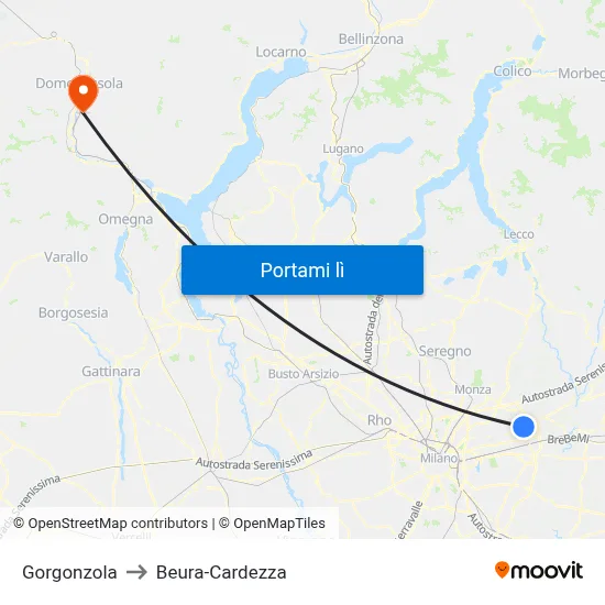 Gorgonzola to Beura-Cardezza map