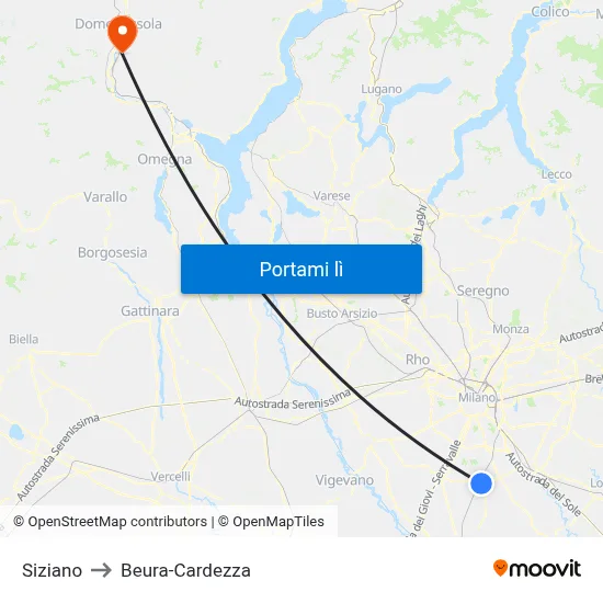 Siziano to Beura-Cardezza map