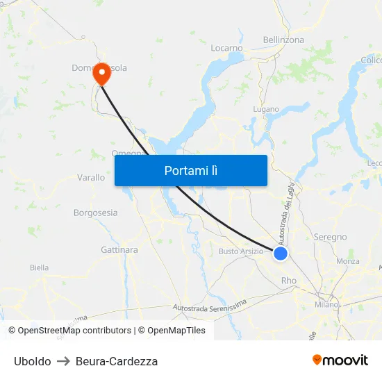 Uboldo to Beura-Cardezza map