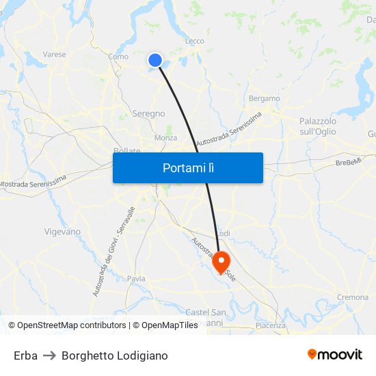 Erba to Borghetto Lodigiano map