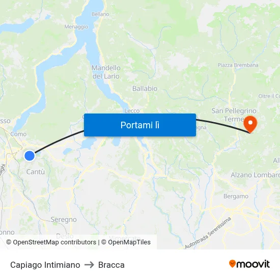 Capiago Intimiano to Bracca map