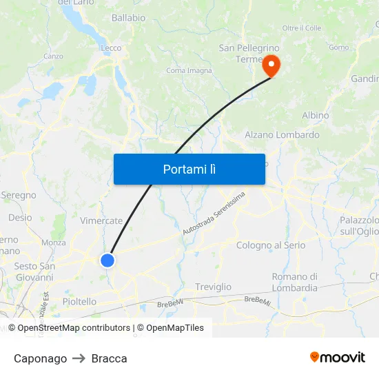 Caponago to Bracca map