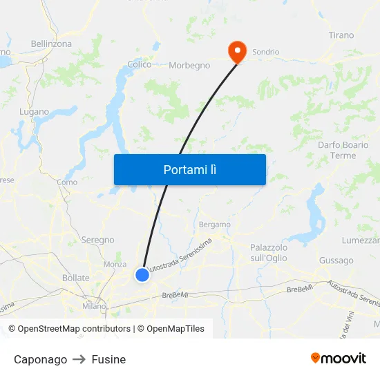 Caponago to Fusine map