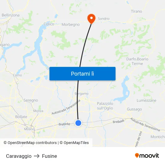 Caravaggio to Fusine map