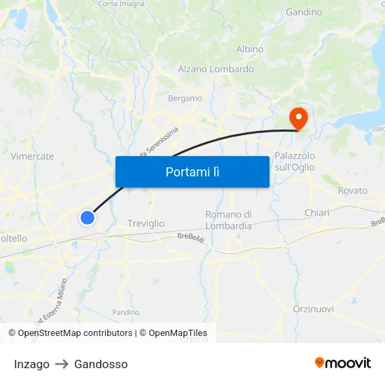Inzago to Gandosso map