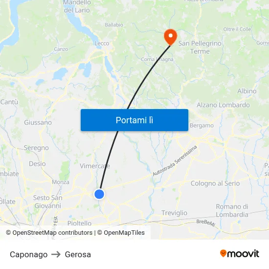 Caponago to Gerosa map