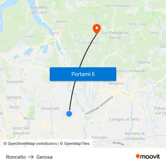 Roncello to Gerosa map