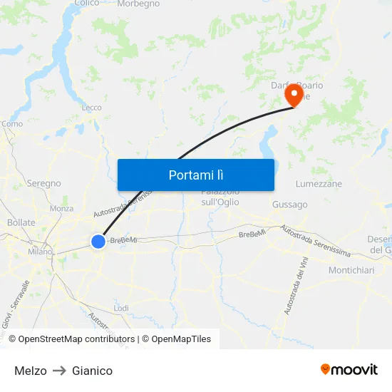 Melzo to Gianico map