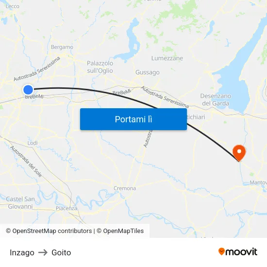 Inzago to Goito map