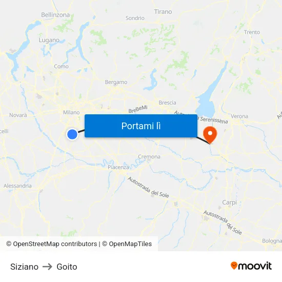 Siziano to Goito map