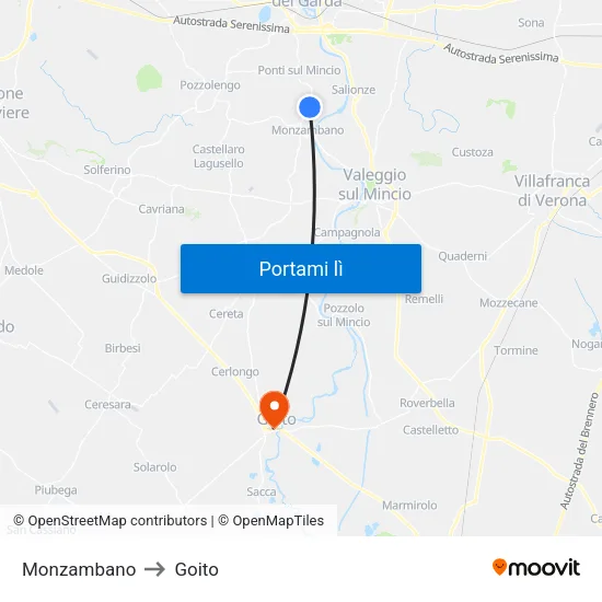 Monzambano to Goito map