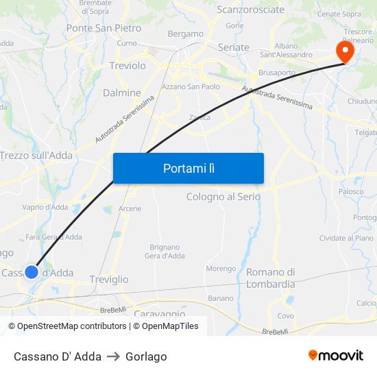 Cassano D' Adda to Gorlago map