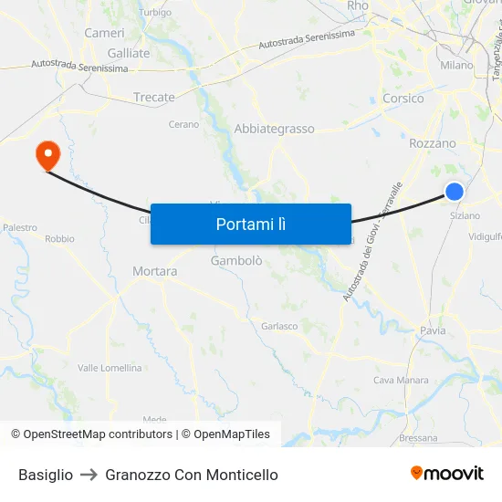 Basiglio to Granozzo Con Monticello map