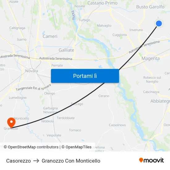 Casorezzo to Granozzo Con Monticello map