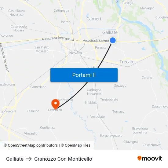 Galliate to Granozzo Con Monticello map