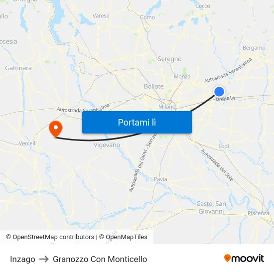 Inzago to Granozzo Con Monticello map