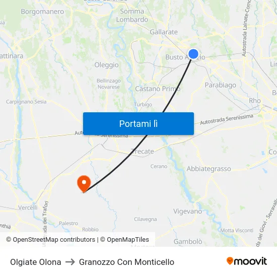 Olgiate Olona to Granozzo Con Monticello map