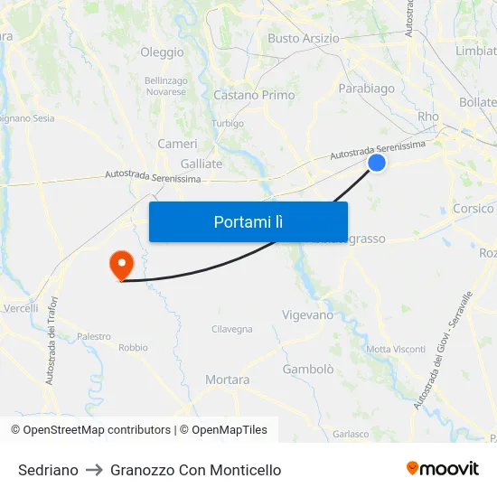 Sedriano to Granozzo Con Monticello map