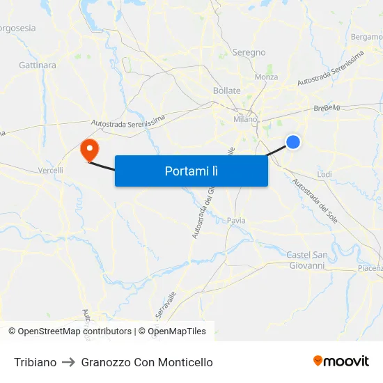 Tribiano to Granozzo Con Monticello map