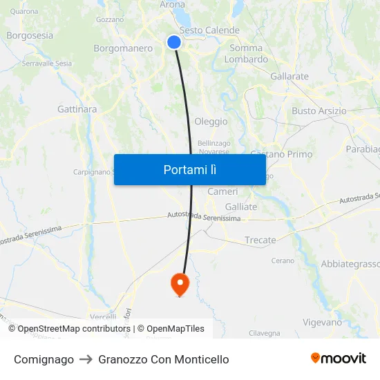 Comignago to Granozzo Con Monticello map