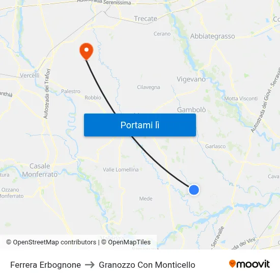 Ferrera Erbognone to Granozzo Con Monticello map