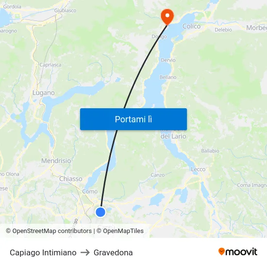 Capiago Intimiano to Gravedona map