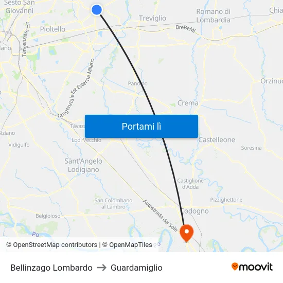 Bellinzago Lombardo to Guardamiglio map