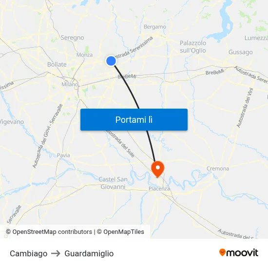Cambiago to Guardamiglio map