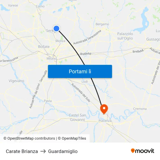 Carate Brianza to Guardamiglio map