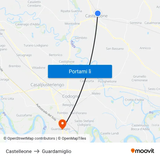 Castelleone to Guardamiglio map
