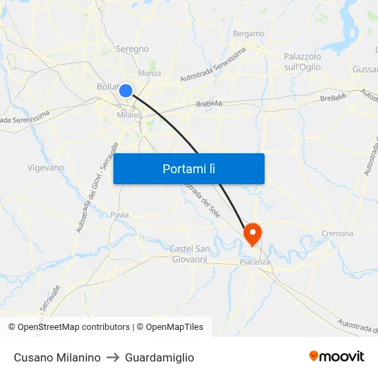 Cusano Milanino to Guardamiglio map