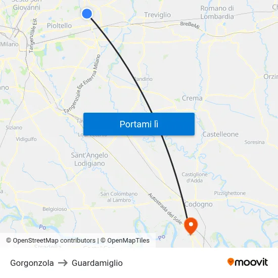 Gorgonzola to Guardamiglio map