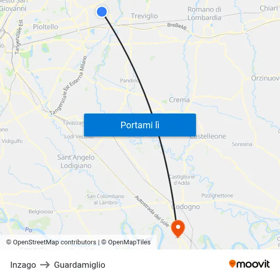 Inzago to Guardamiglio map