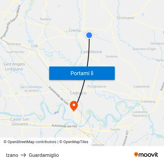 Izano to Guardamiglio map