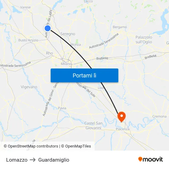 Lomazzo to Guardamiglio map