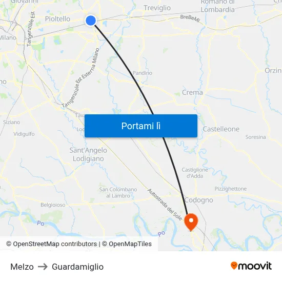 Melzo to Guardamiglio map