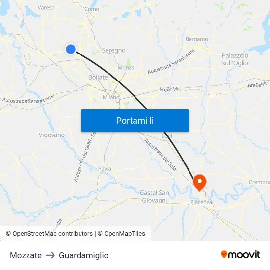 Mozzate to Guardamiglio map